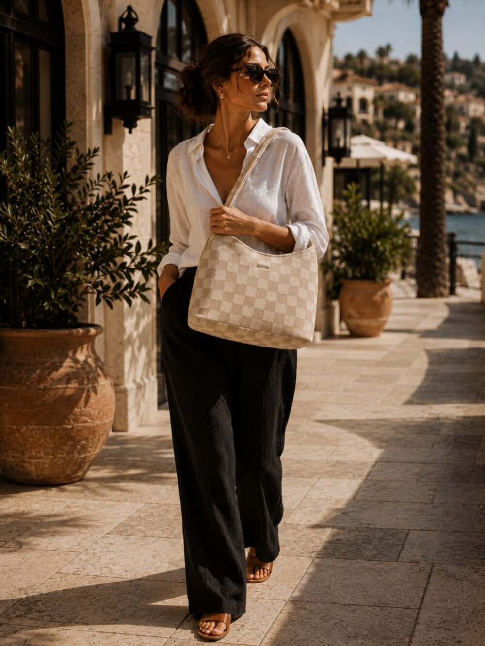 NEW Kopari Limited Edition Checkered Knit Tote Cream Tan Resort Shoulder Bag - Picture 7 of 10